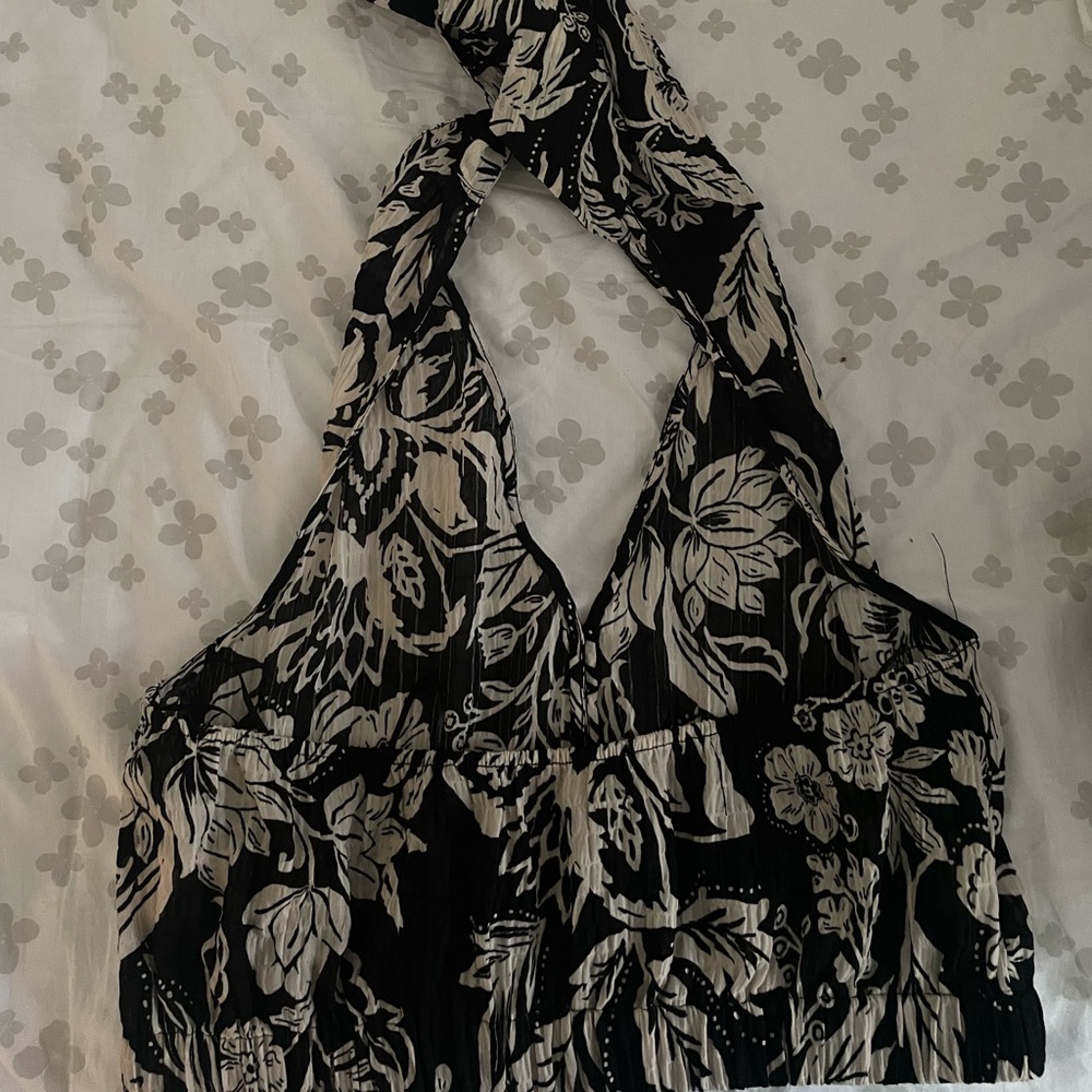 Zara Women’s Knotted Back Halter Printed Top Black/Ecru Sz M